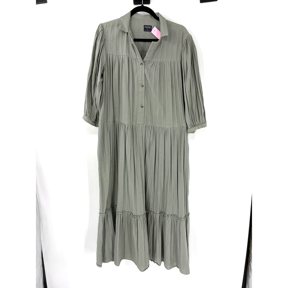 Esby Apparel Sage Green Cotton Gauze Tiered Midi Dress Button Front AE794 Medium